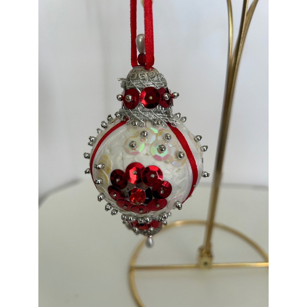 Christmas Push Pin Ornament Red White Sequin Beaded Satin Collectible Vintage